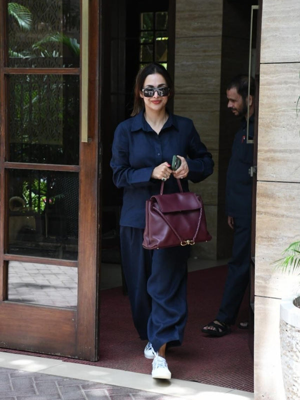 midnight blue co-ord set for women — full front view, shirt and wide-leg pant set