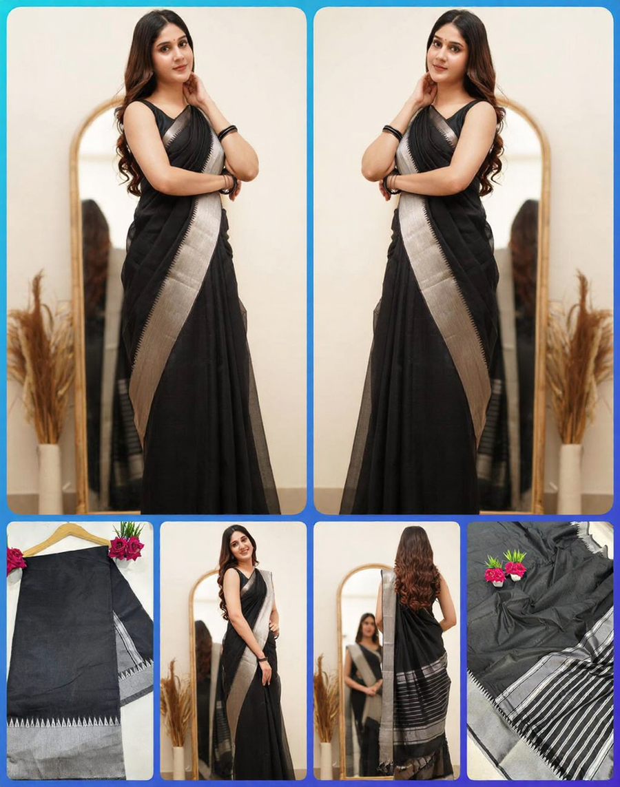 Black Traditional Saree with Designer Silver Border, photo 4