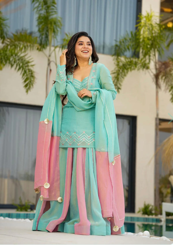 Aqua Blue & Blush Pink Silk Sharara Set with Dupatta