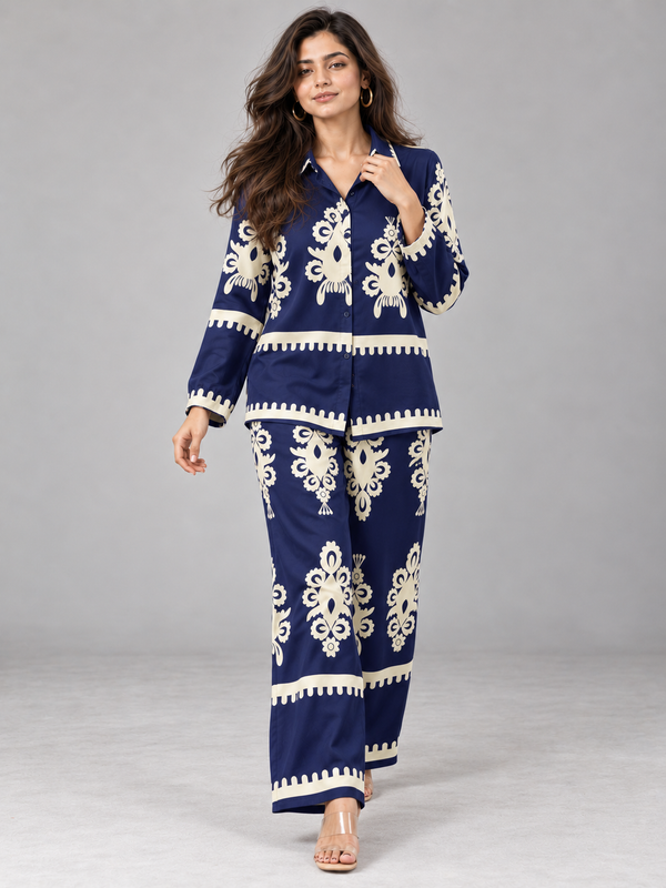 Navy Blue & Ivory Regal Print Co-ord