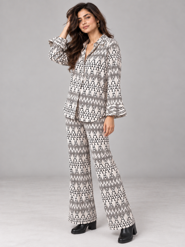 White Zig Zag Print Co-ord Set For Women