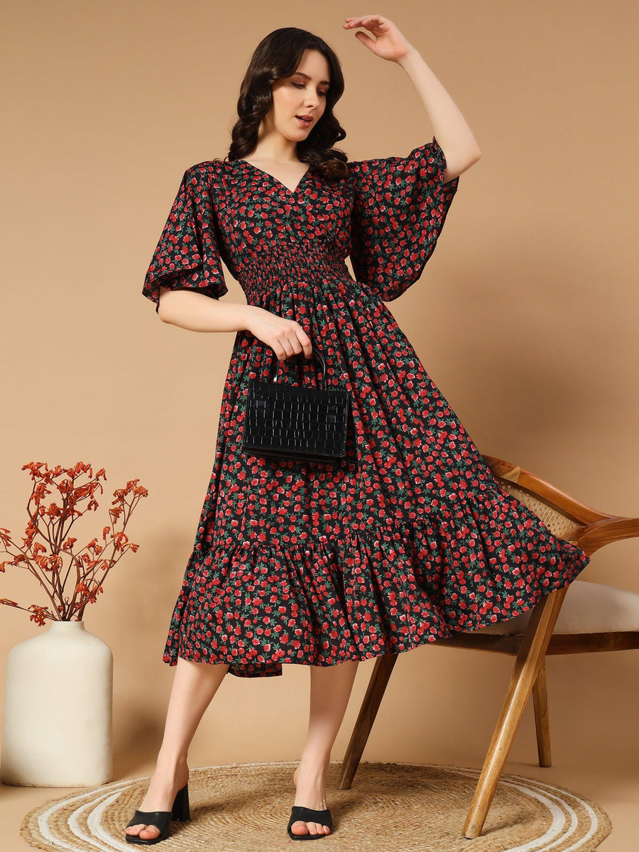 Black Dress with Green and Red Flower Print, photo 1