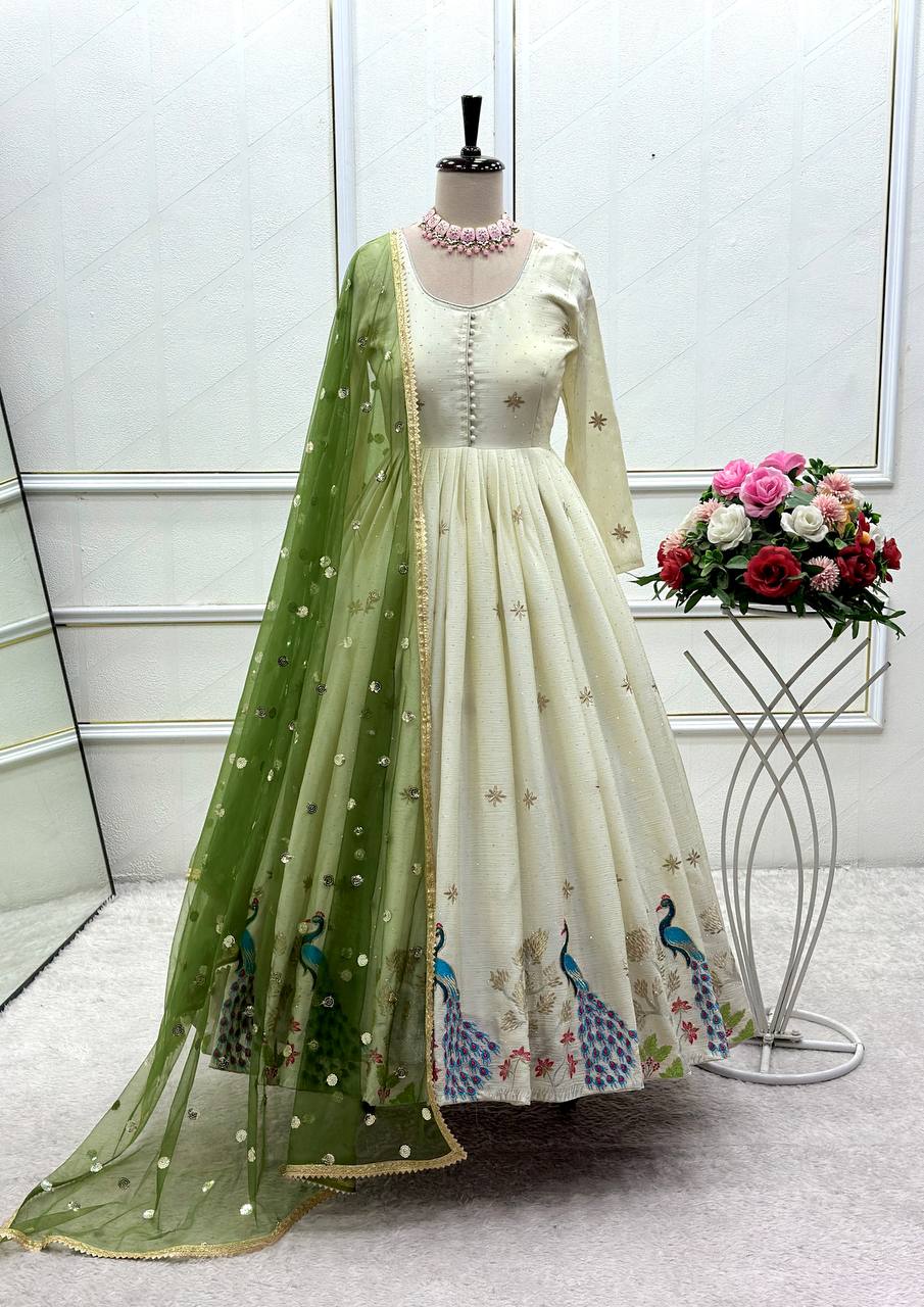 Designer White Anarkali Dress with Handcrafted Peacock Motifs Asnowera Designer White Anarkali Dress with Handcrafted Peacock Motifs Asnowera