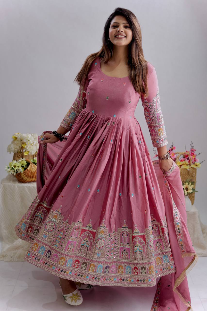 Dusty Rose Embroidered Anarkali Gown Set with Dupatta – Asnowera