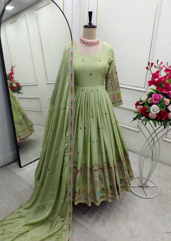 Pastel Green Anarkali Gown with Intricate Embroidery & Dupatta