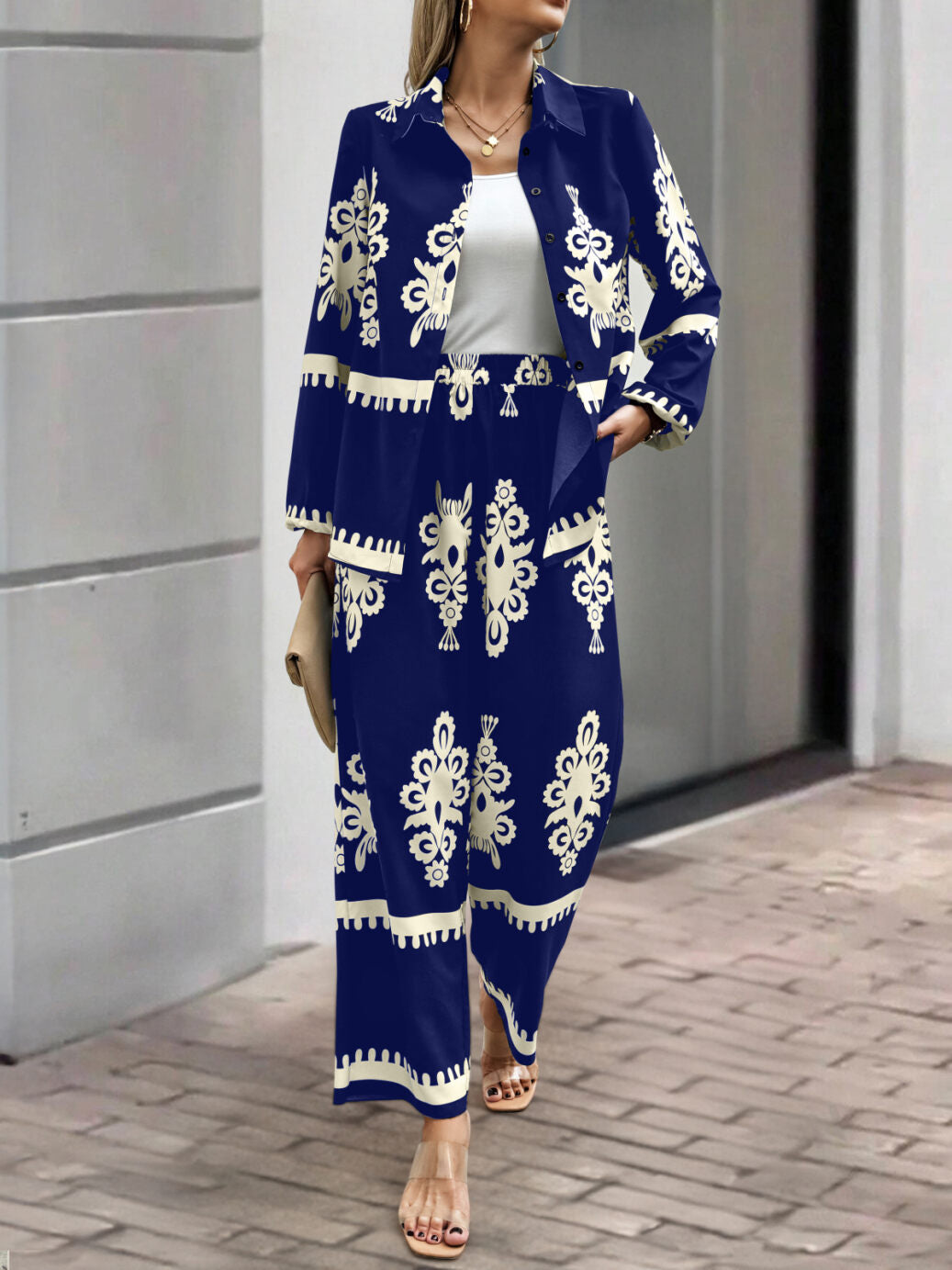 navy blue & ivory regal print co-ord