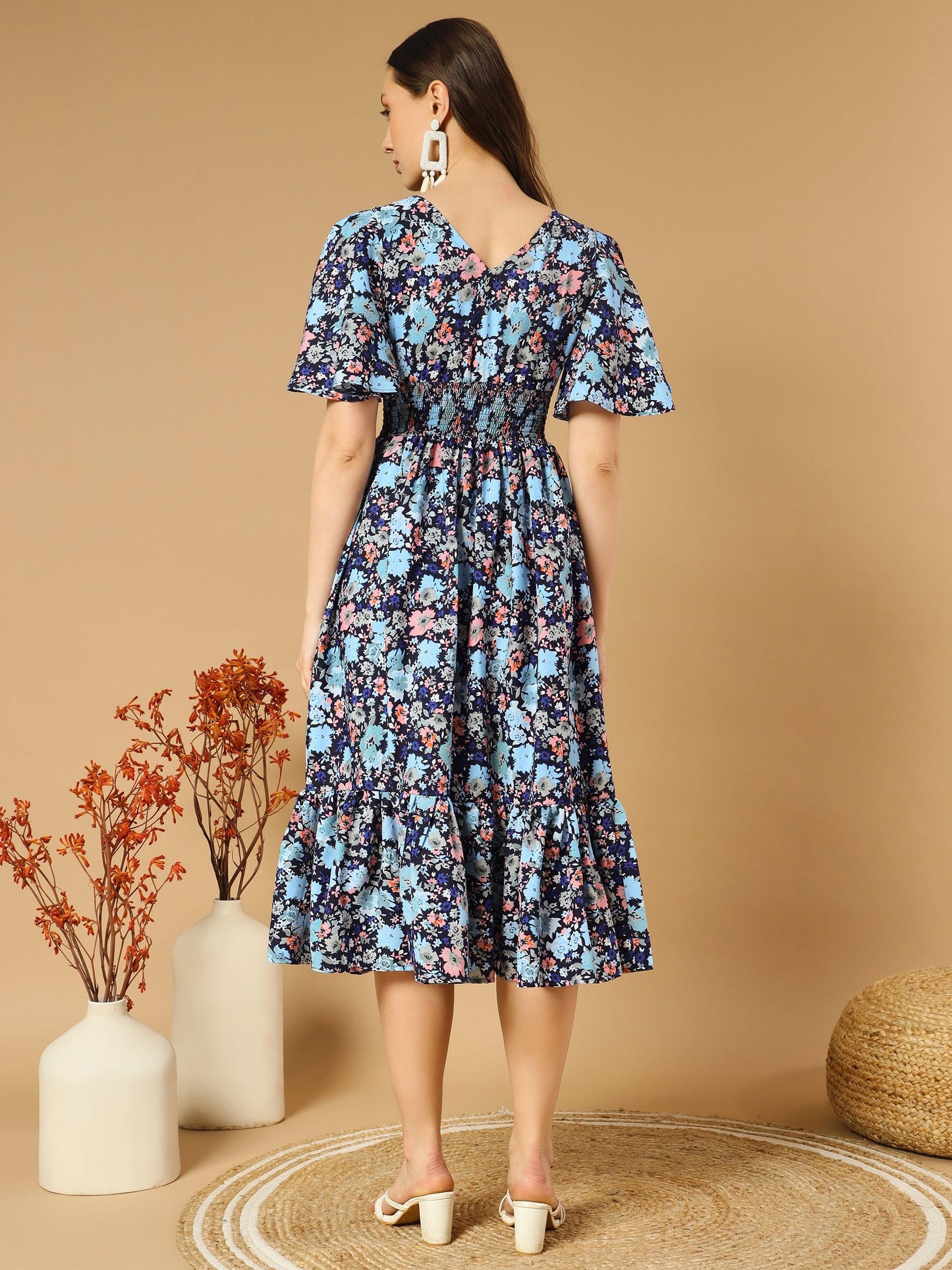 bluish flowers match with peach v-neck midi dress - snowera