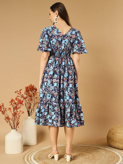 Bluish Flowers Match with Peach V-Neck Midi Dress - Snowera