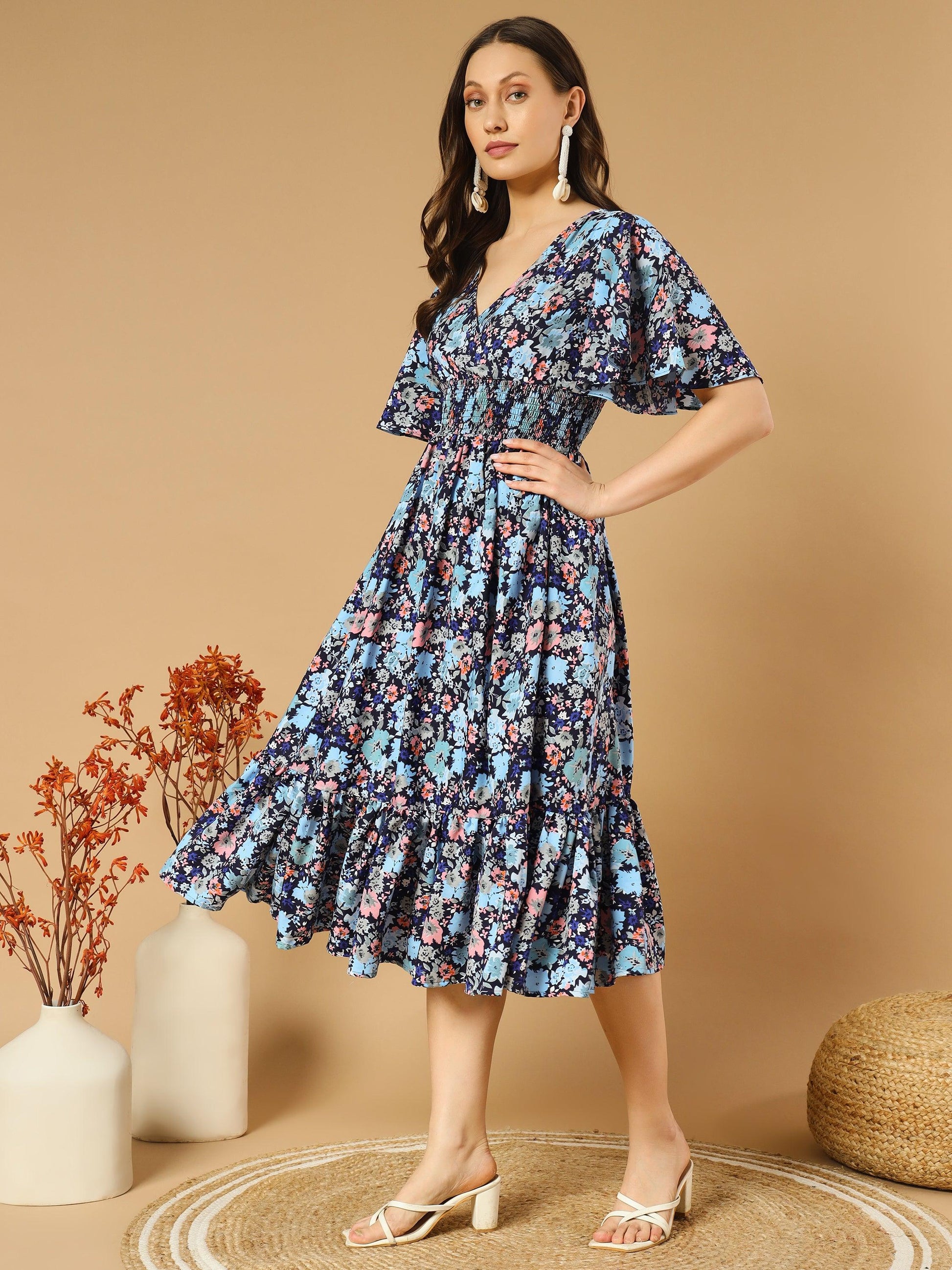 Bluish Flowers Match with Peach V-Neck Midi Dress - Snowera