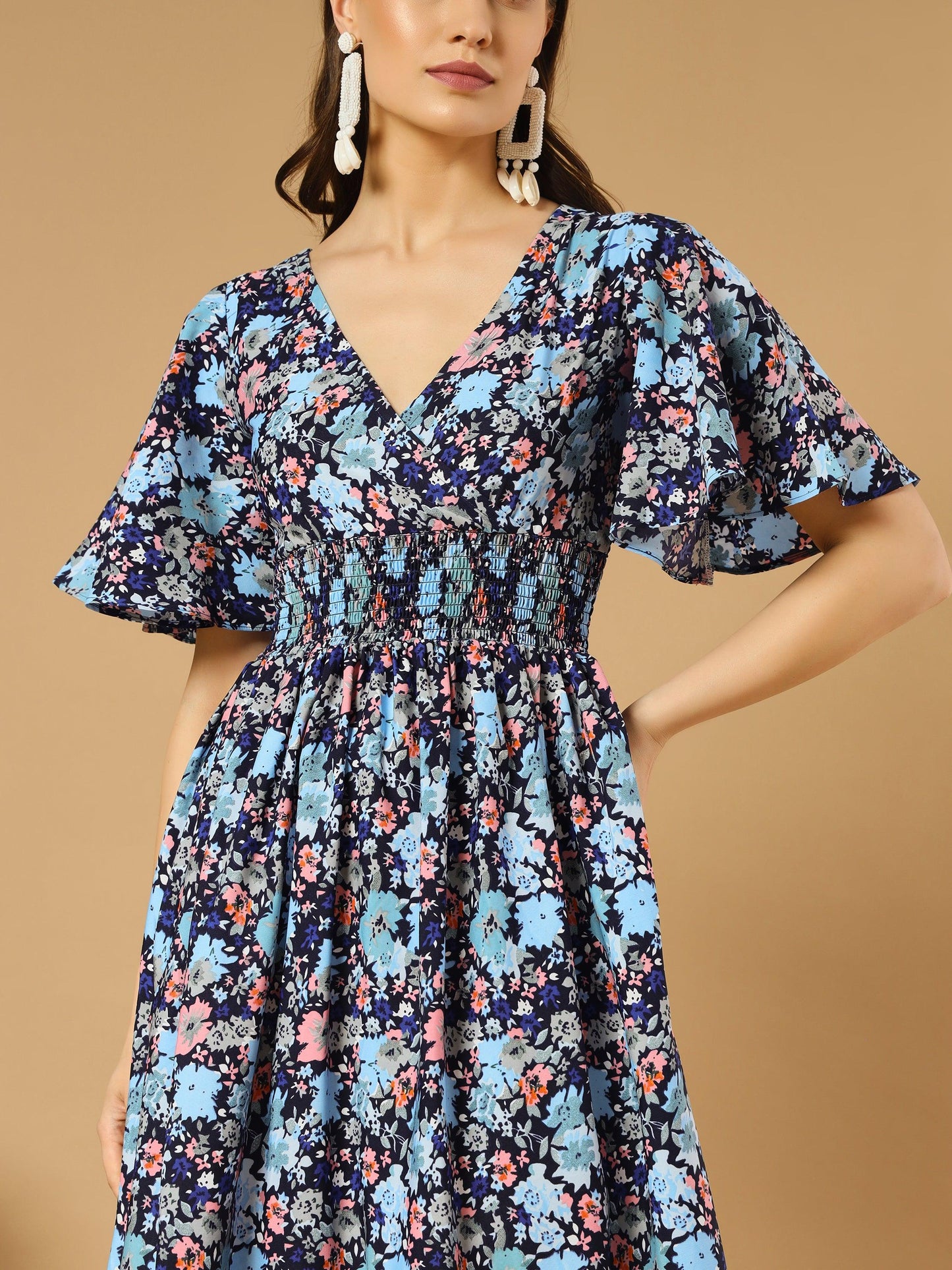 bluish flowers match with peach v-neck midi dress - snowera