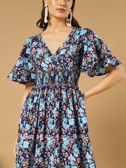 Bluish Flowers Match with Peach V-Neck Midi Dress - Snowera