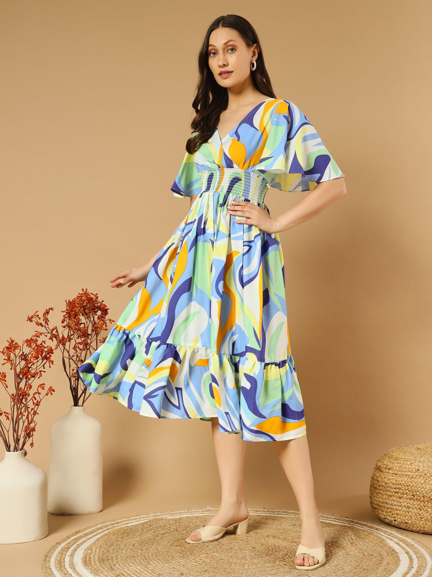 a-line colorful dress with v-neck both side and flare sleeve