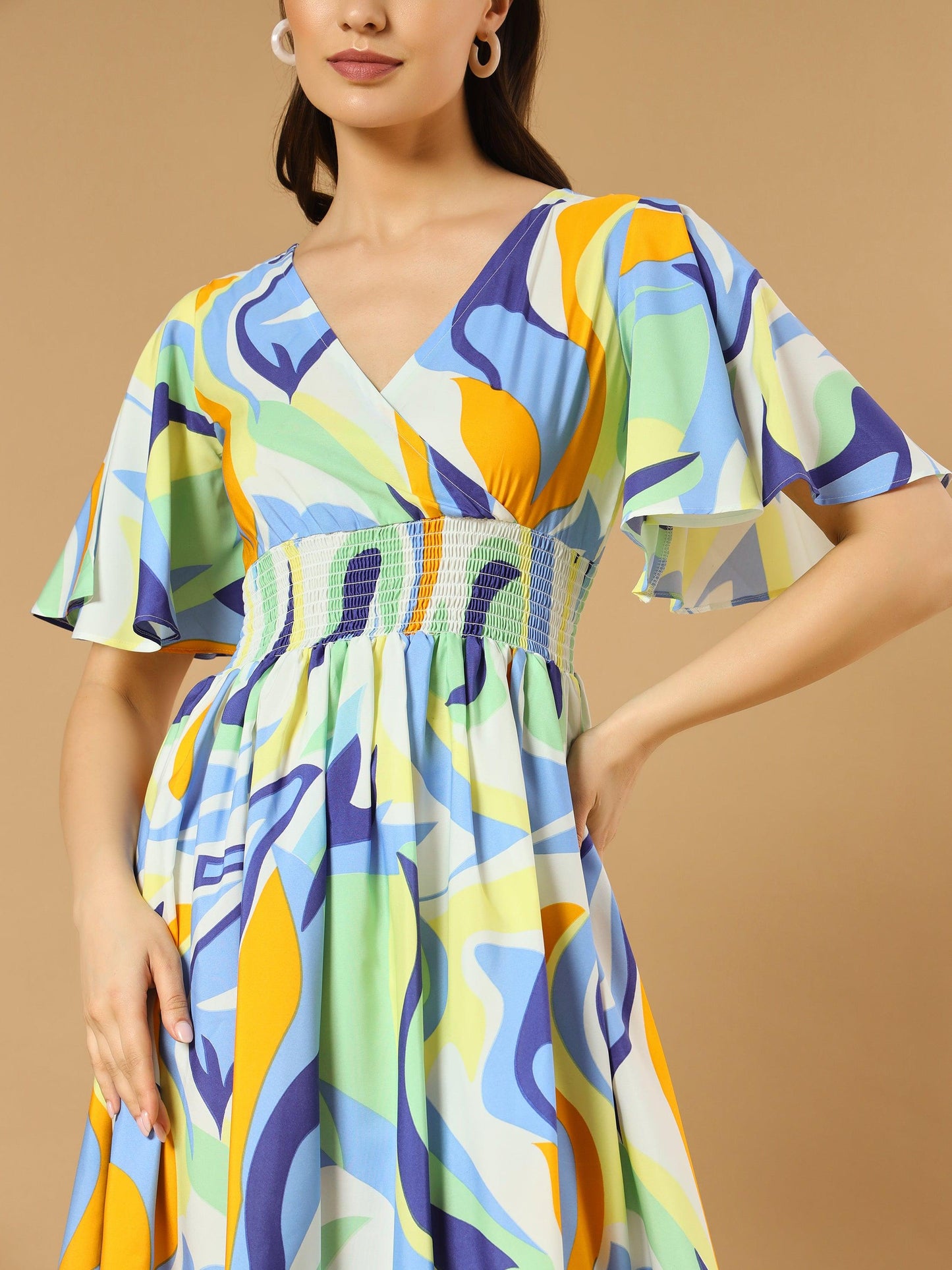 a-line colorful dress with v-neck both side and flare sleeve