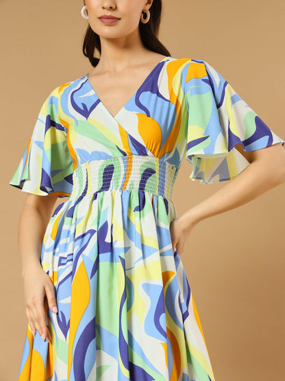 A-line Colorful Dress with V-Neck Both Side and Flare Sleeve