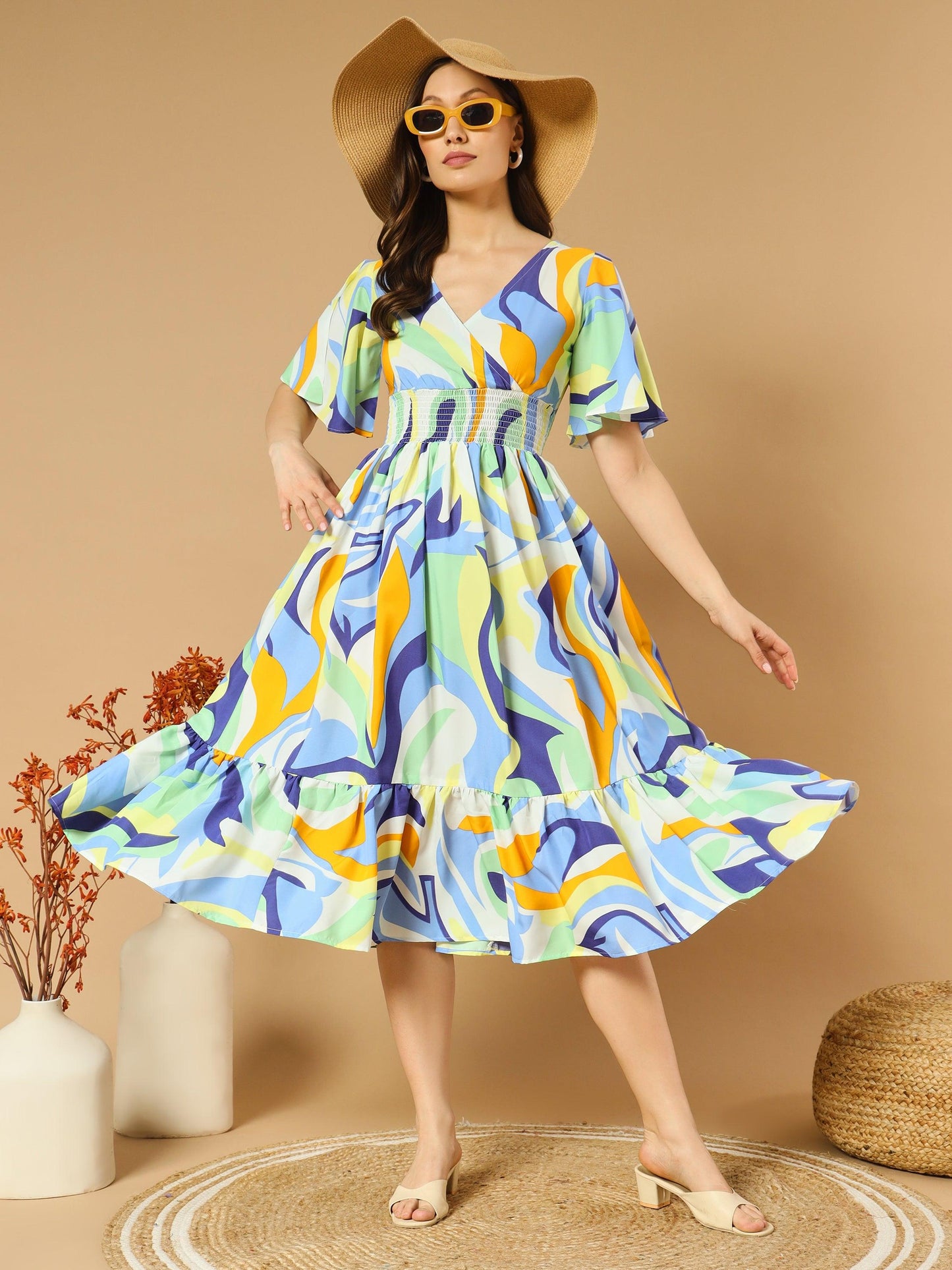 a-line colorful dress with v-neck both side and flare sleeve