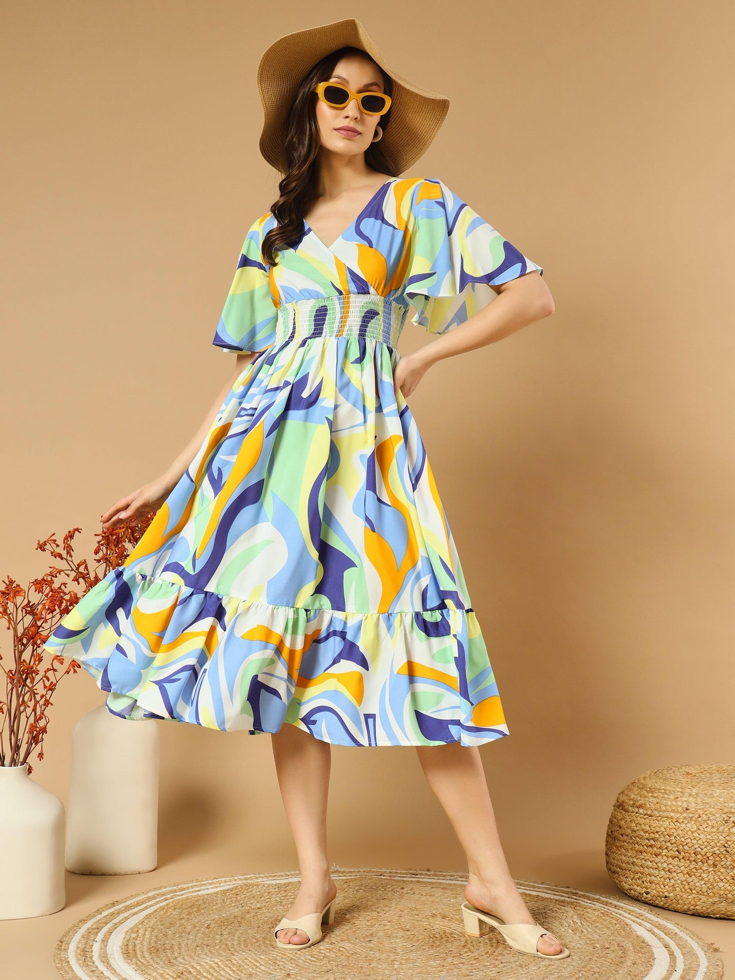 a-line colorful dress with v-neck both side and flare sleeve