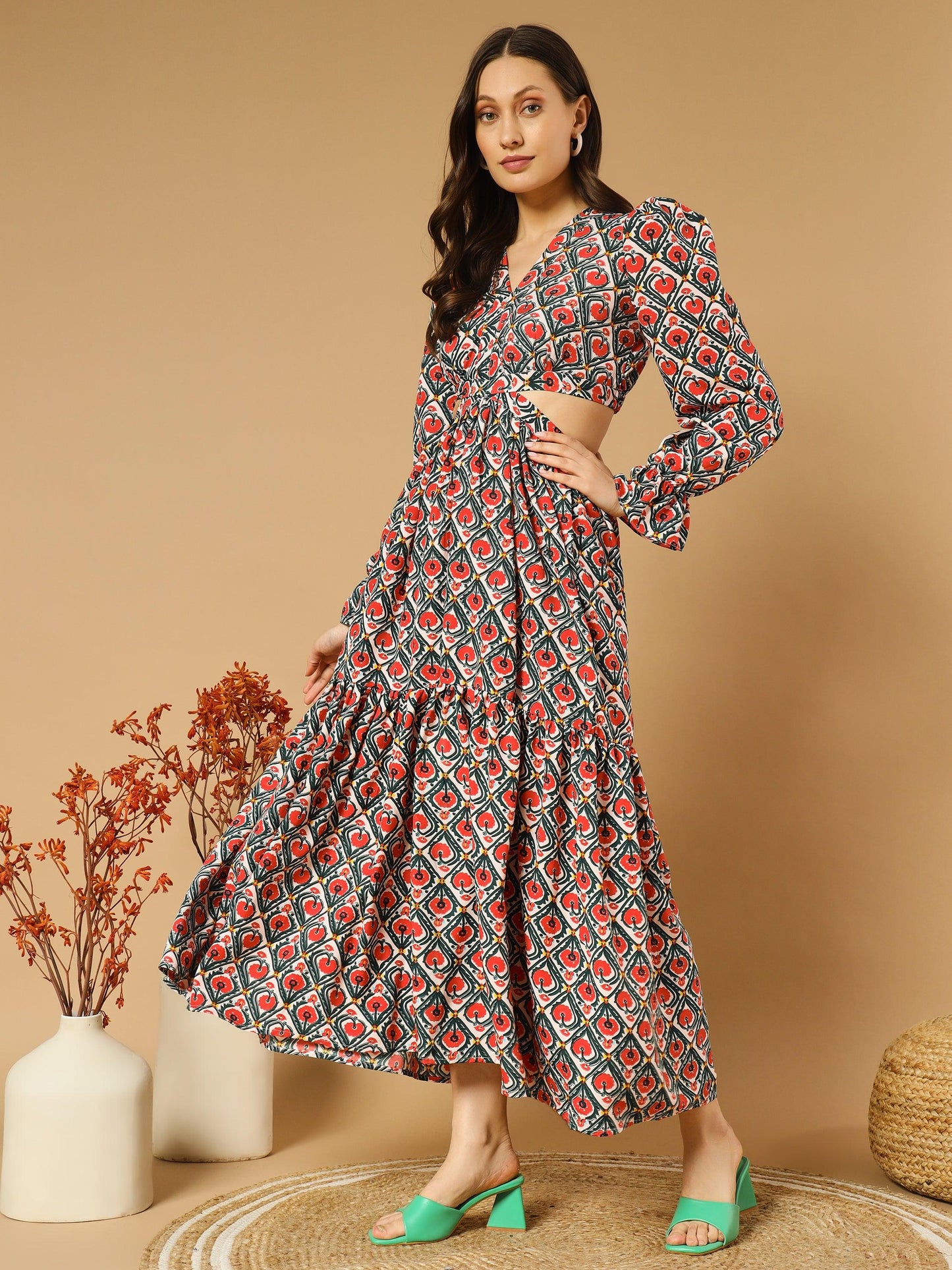 rhombus flowery v-neck long dress with back cut-out - snowera