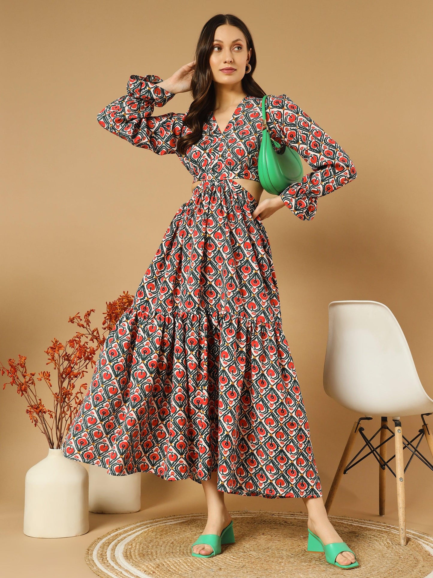 rhombus flowery v-neck long dress with back cut-out - snowera