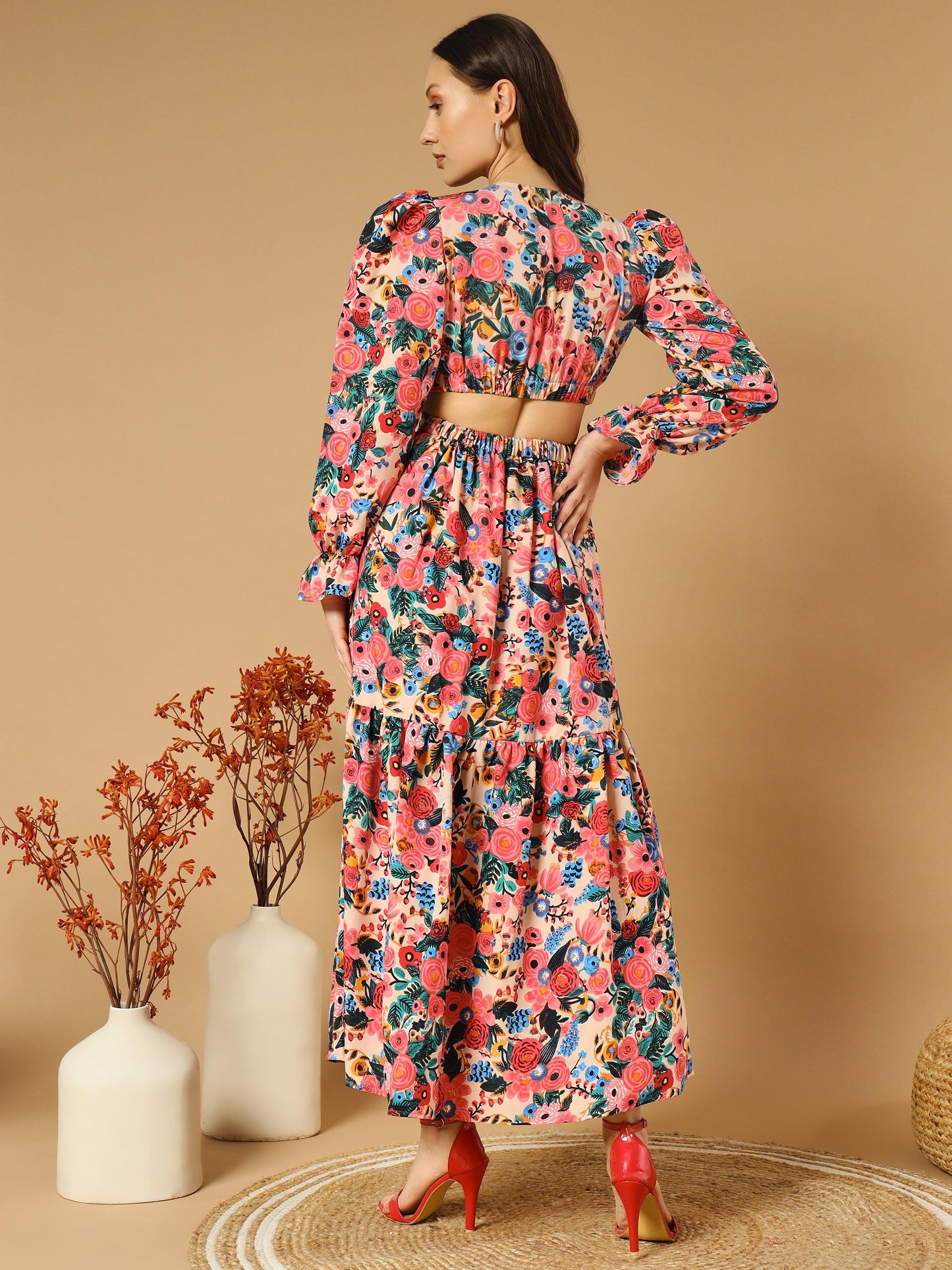 reddish flowery v-neck long dress with back cut-out - snowera