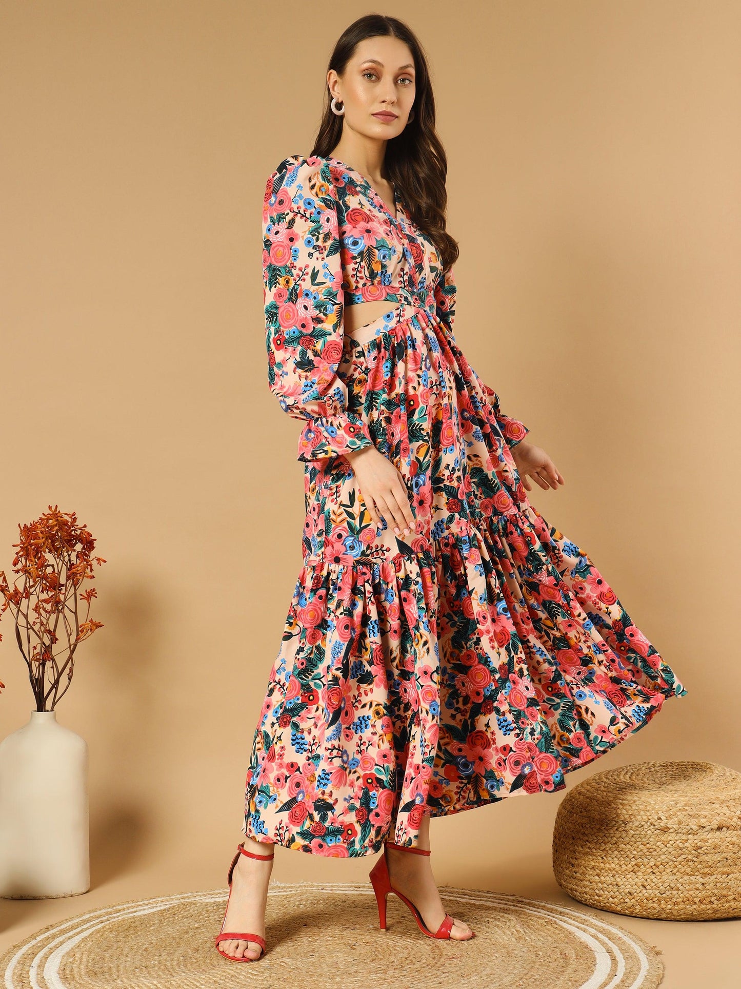 reddish flowery v-neck long dress with back cut-out - snowera