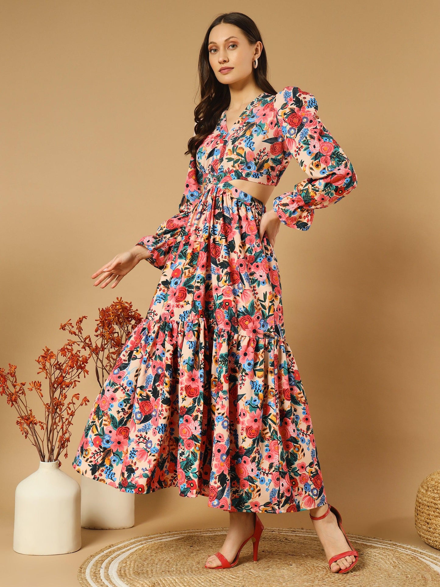 reddish flowery v-neck long dress with back cut-out - snowera