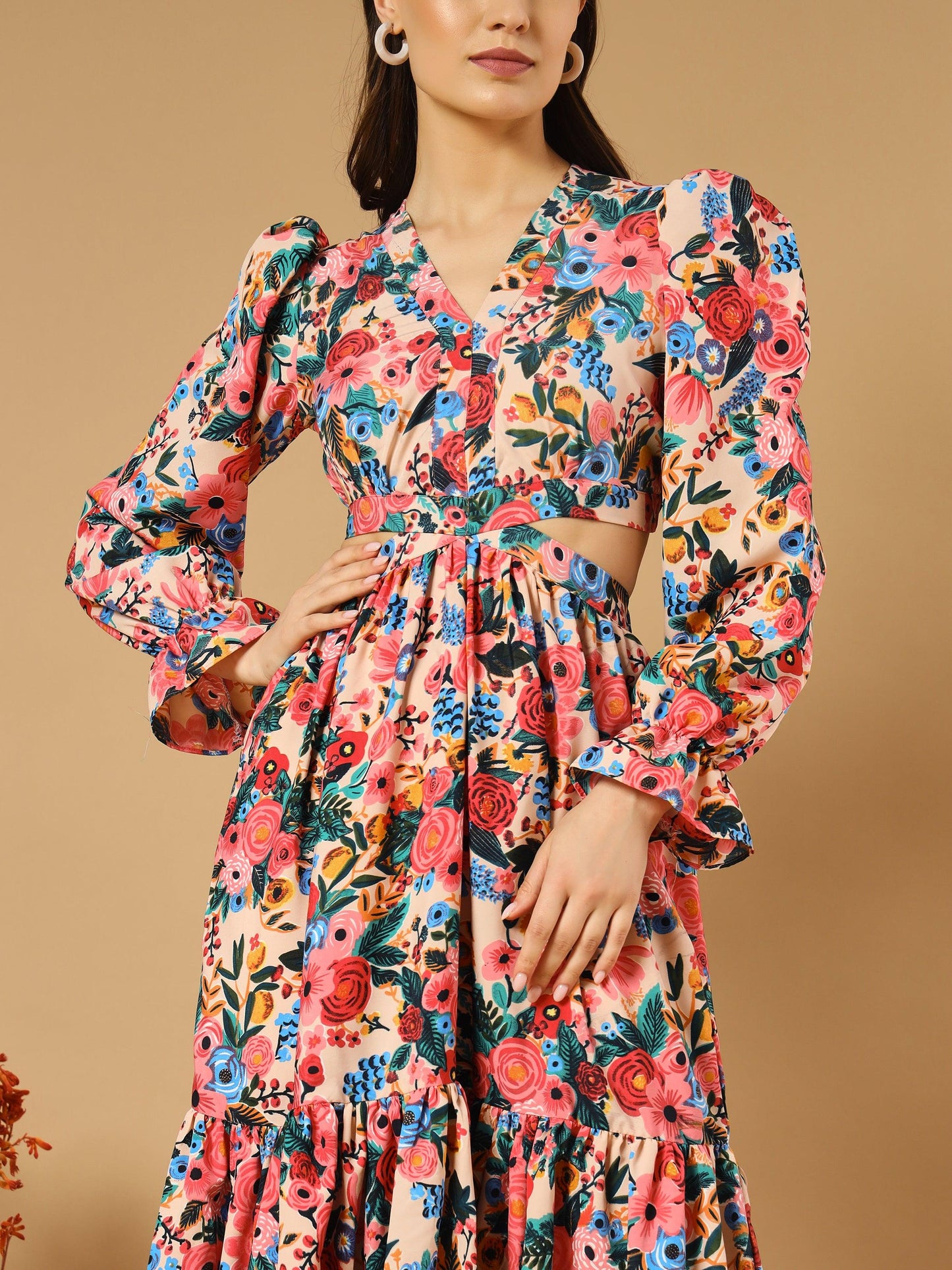 reddish flowery v-neck long dress with back cut-out - snowera