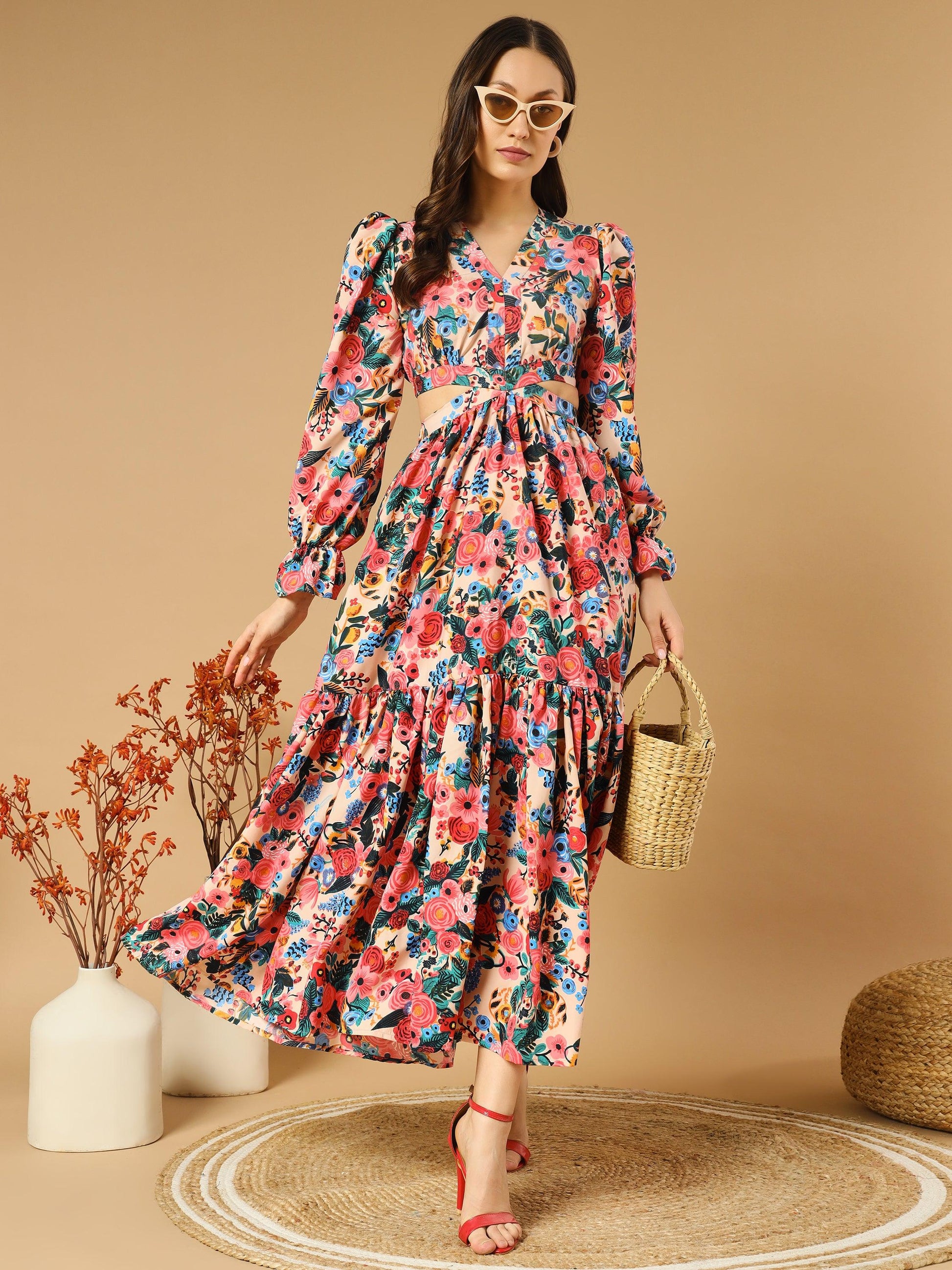 Casual Western Long Frock Western Dresses Reddish Flowery V-Neck Long Dress With Back Cut-Out Asnowera Casual Western Long Frock Western Dresses Reddish Flowery V-Neck Long Dress With Back Cut-Out Asnowera