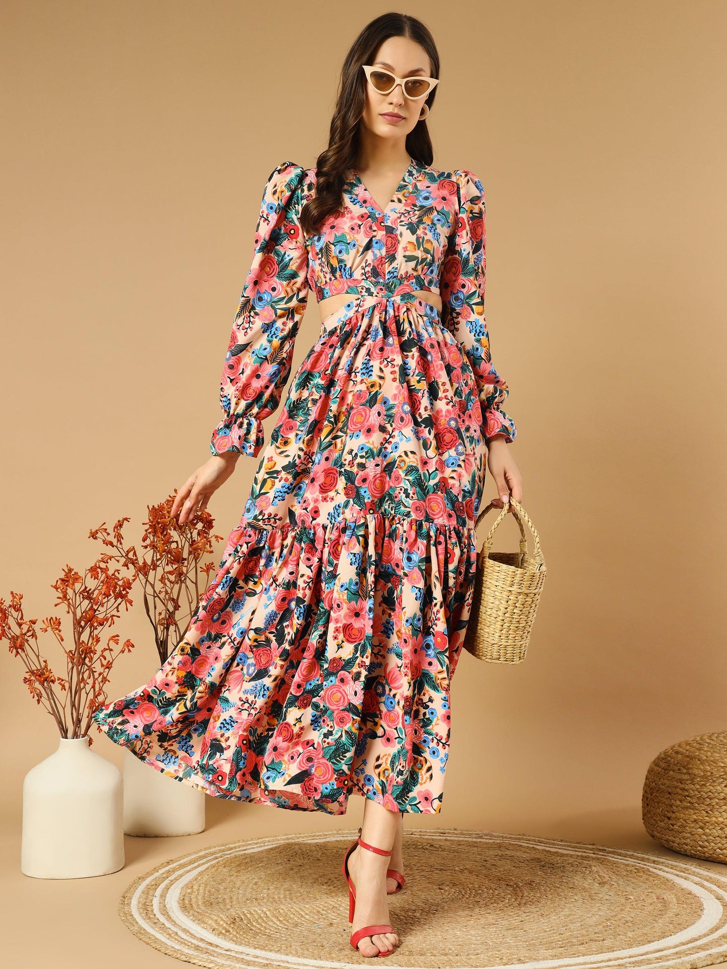 reddish flowery v-neck long dress with back cut-out - snowera