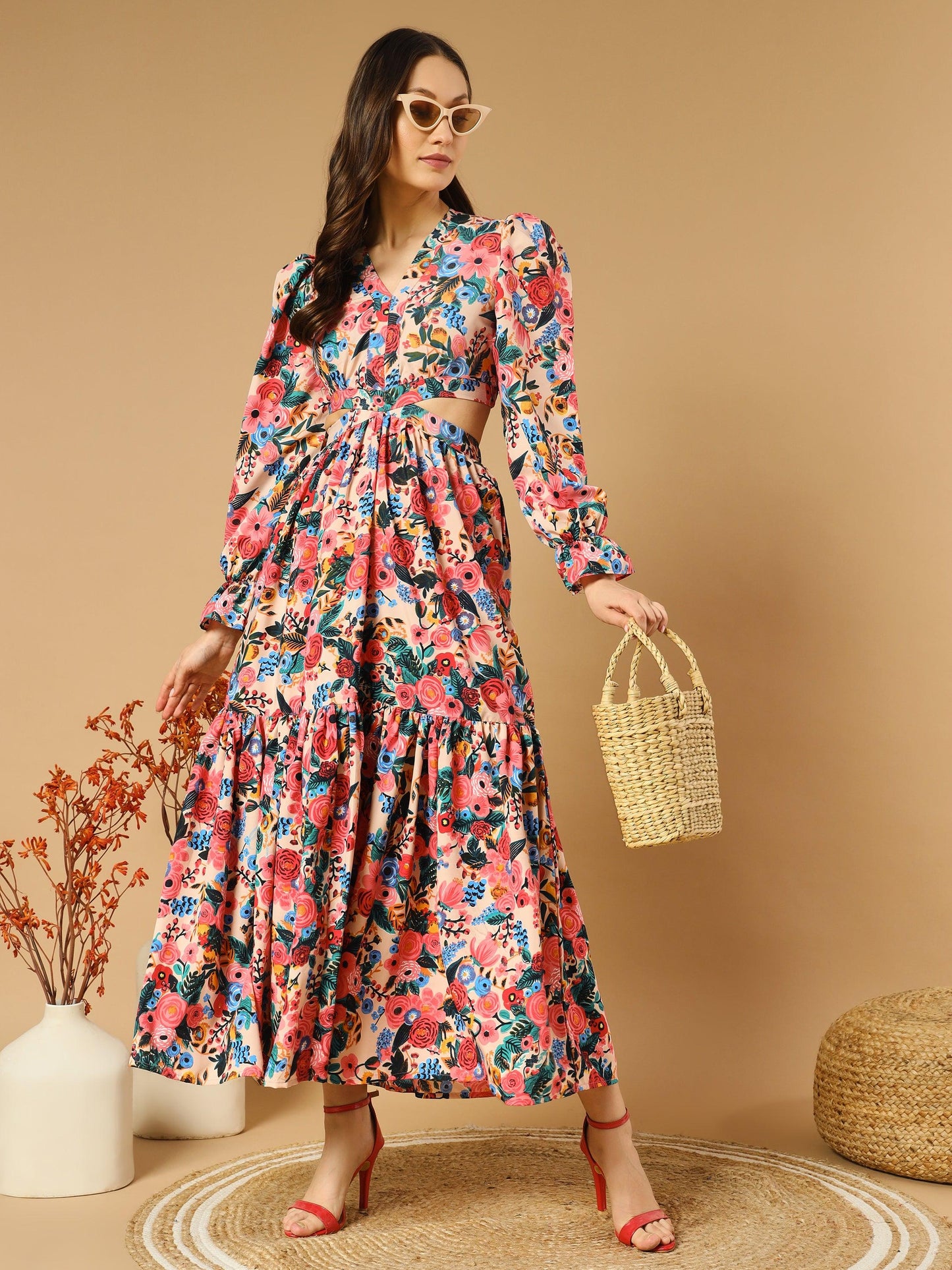 reddish flowery v-neck long dress with back cut-out - snowera