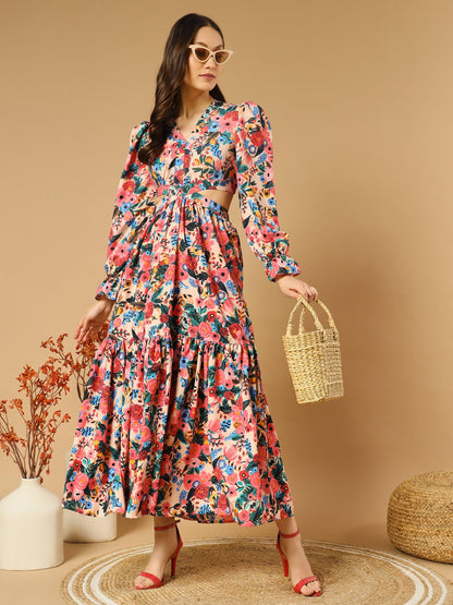 Reddish Flowery V-Neck Long Dress With Back Cut-Out - Snowera