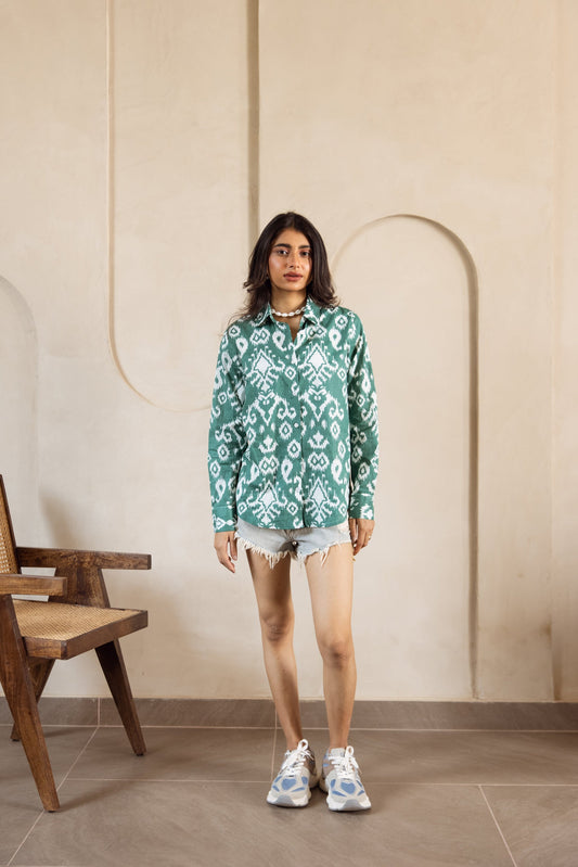 Teal Blue Ikat Print Shirt