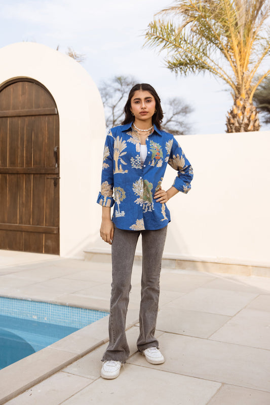 Royal Blue Tropical Garden Print Shirt
