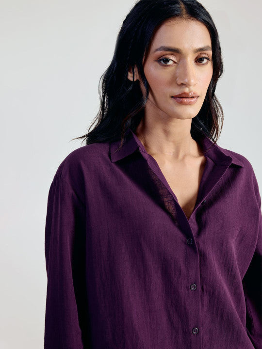 wine co-ord set for women — close-up shirt collar and fabric detail