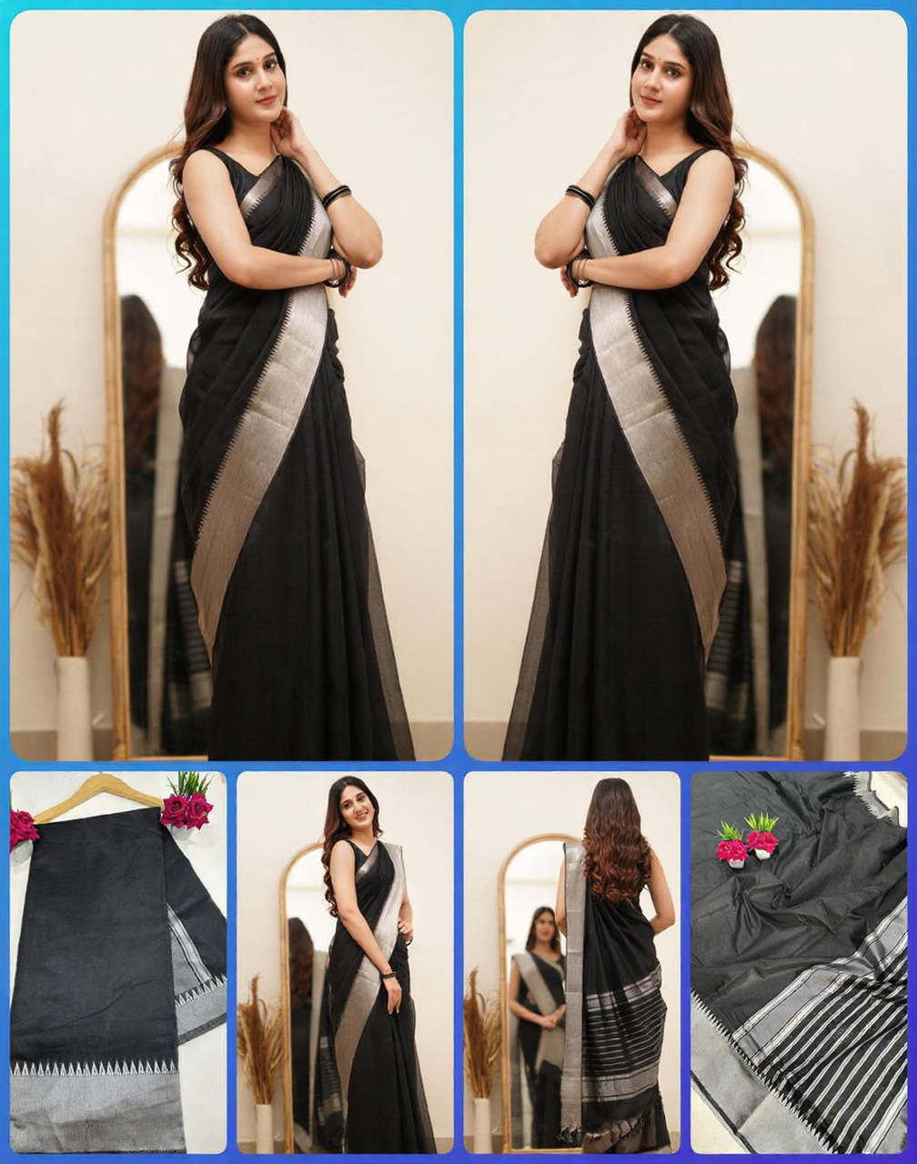 black traditional saree with designer silver border