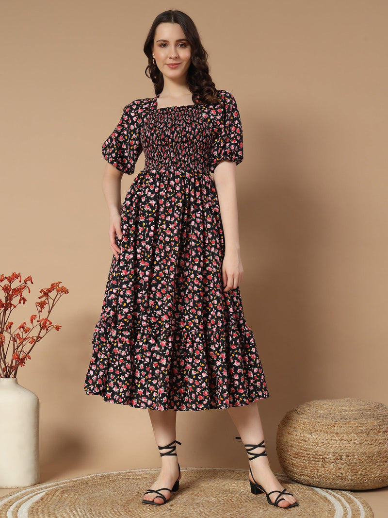 Black Dress with Sweet Pink Flower Print