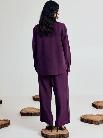 Wine co-ord set for women — side profile, casual outfit