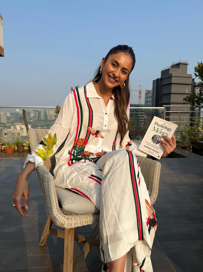 White floral-striped Butterfly Lane co-ord shirt and pants, styled for a relaxed rooftop afternoon, photo 2