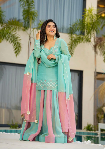 Aqua Blue & Blush Pink Silk Sharara Set with Dupatta