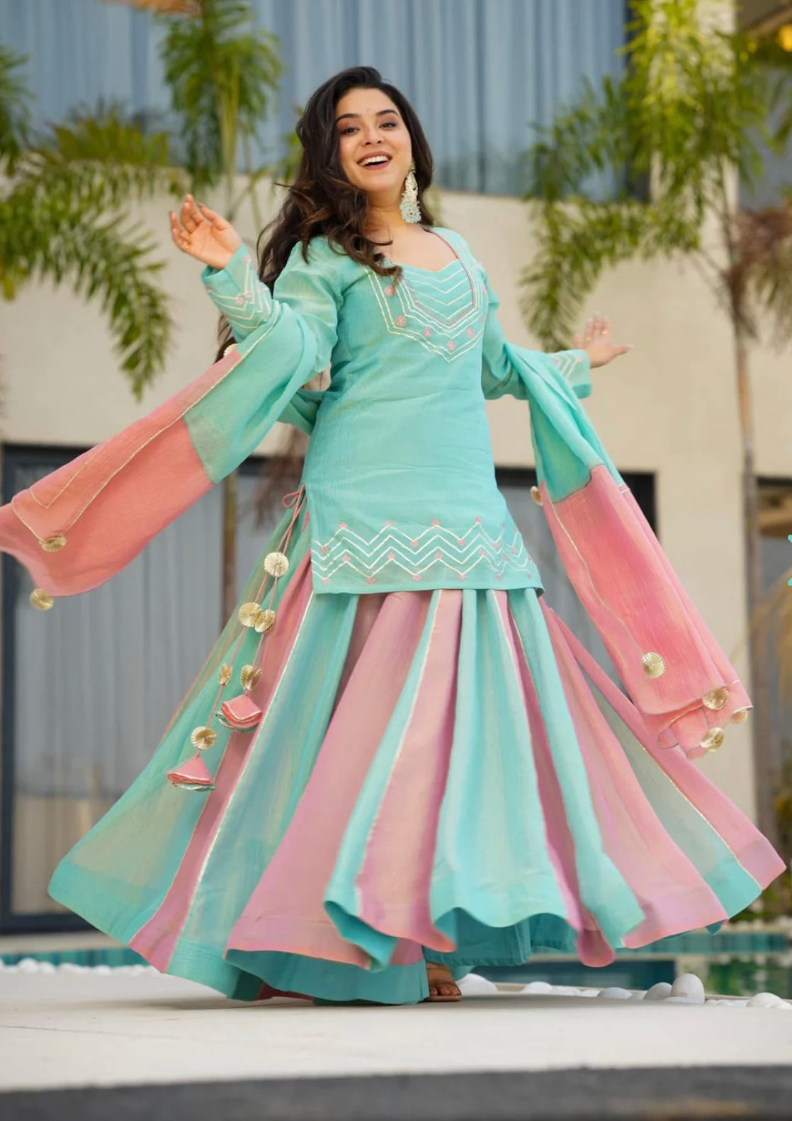 aqua blue & blush pink silk sharara set with dupatta