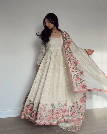 Rose Mist Ivory Anarkali Gown Outfit Set