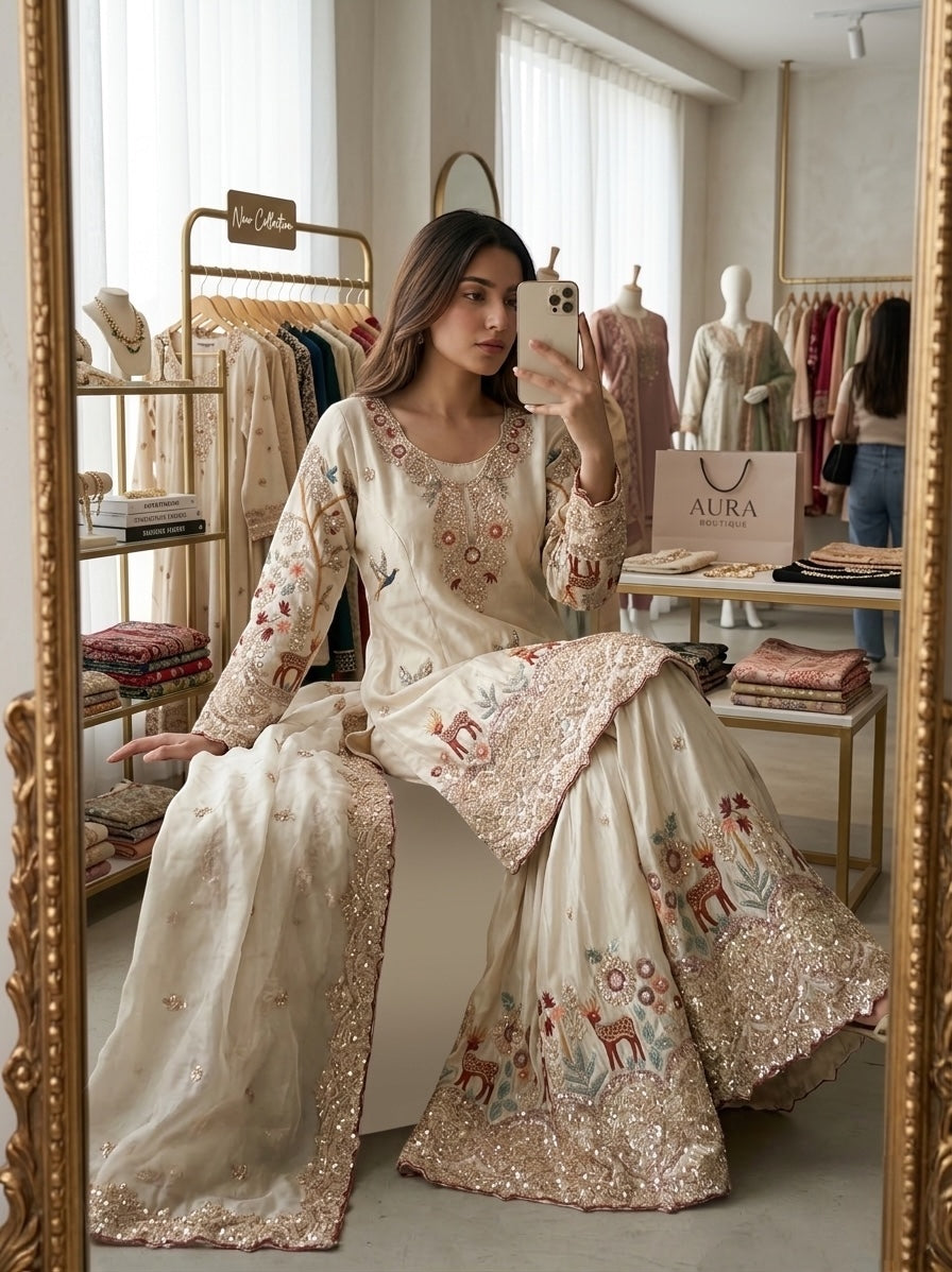 elegant ivory embroidered sharara set with dupatta