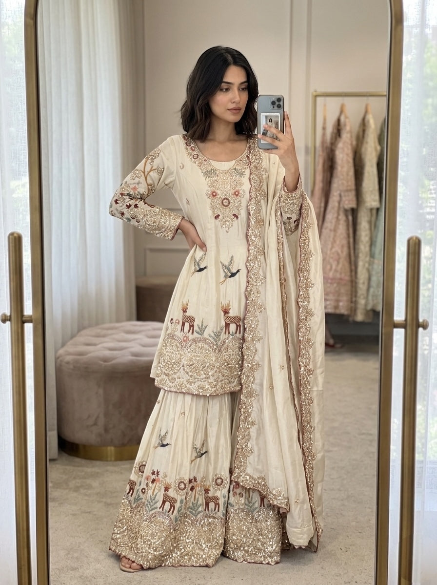 elegant ivory embroidered sharara set with dupatta
