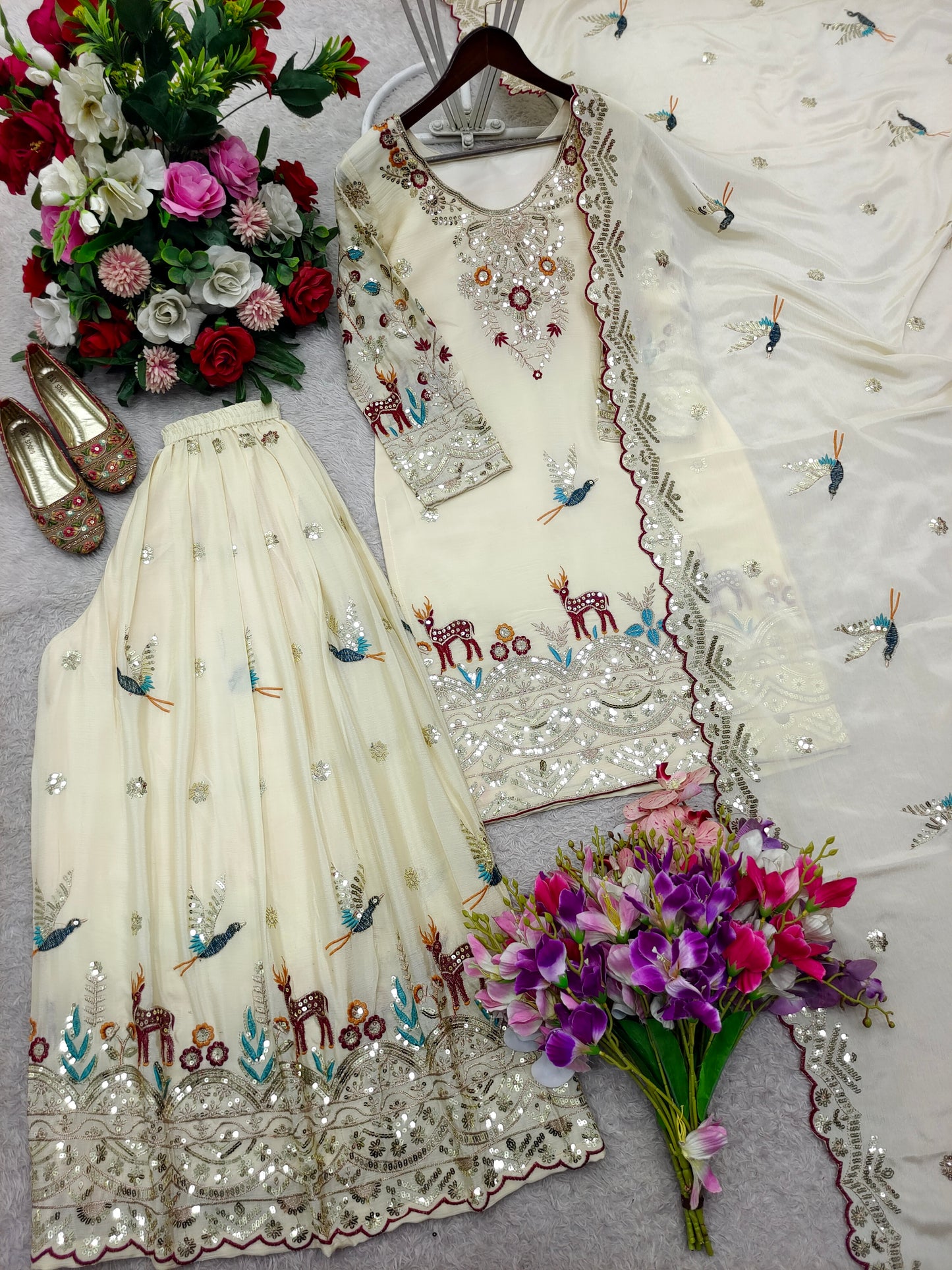 elegant ivory embroidered sharara set with dupatta