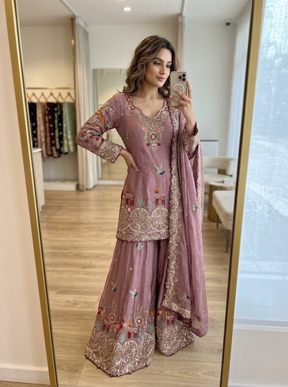 Elegant Wine Pink Festive Sharara Suit