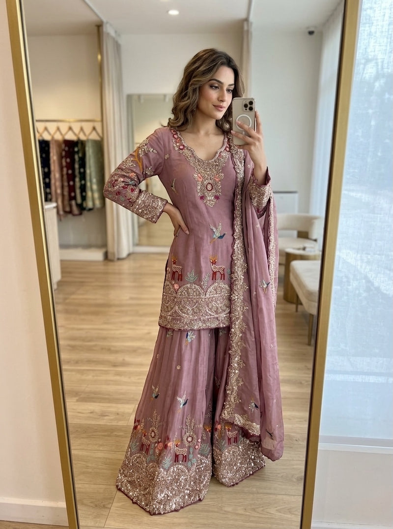 Elegant Wine Pink Festive Sharara Suit