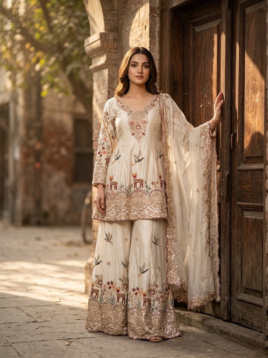elegant ivory embroidered sharara set with dupatta