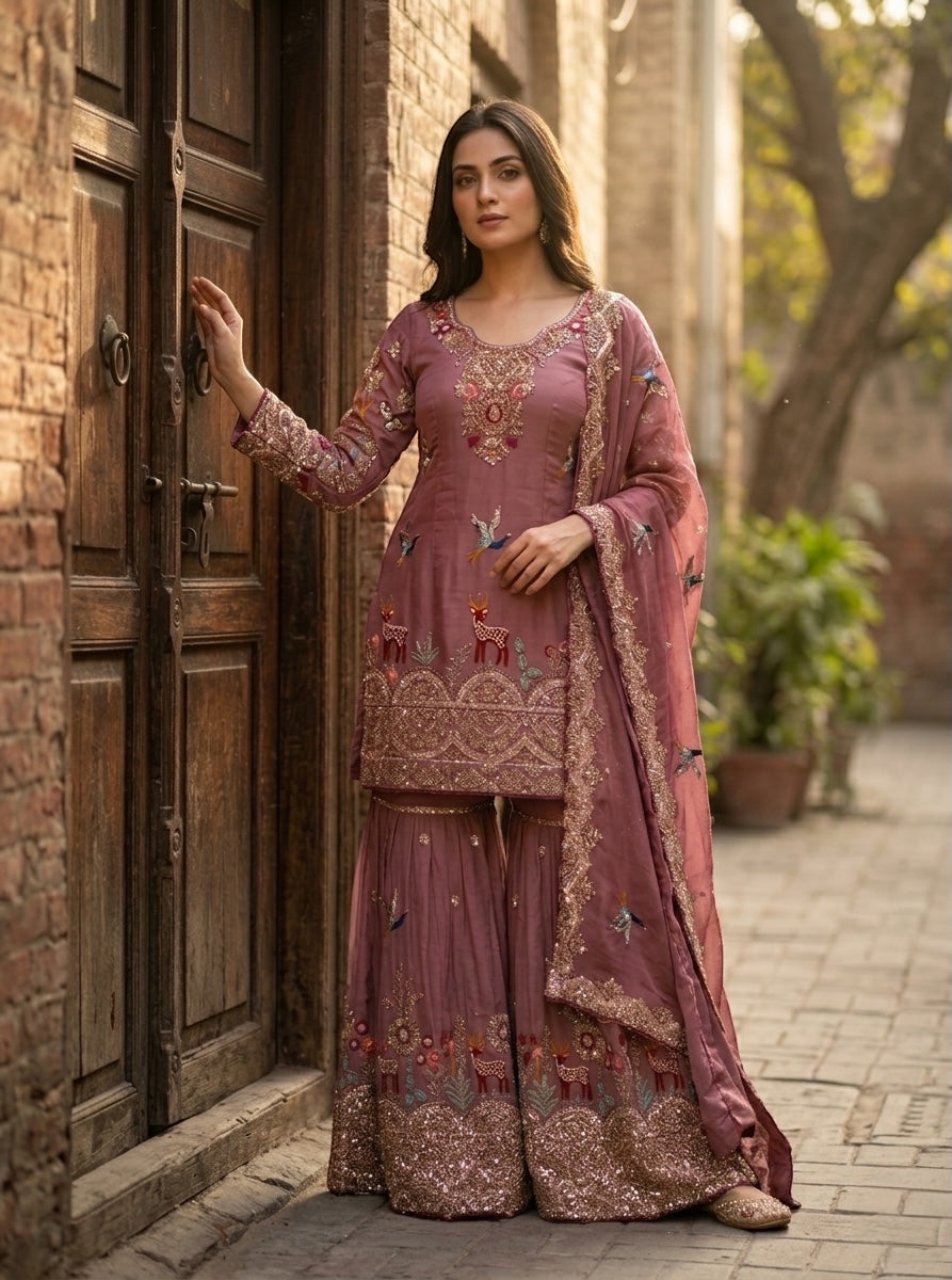 elegant wine pink festive sharara suit