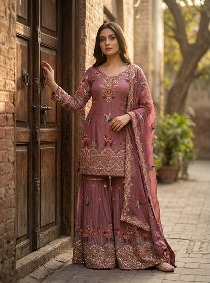 Elegant Wine Pink Festive Sharara Suit