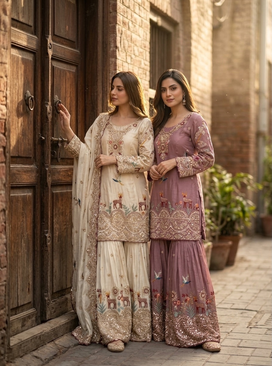 elegant ivory embroidered sharara set with dupatta
