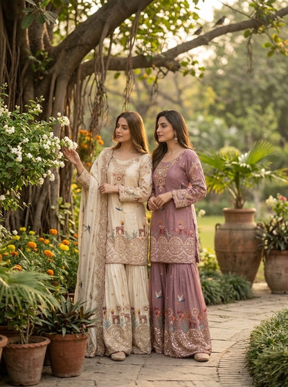 Elegant Wine Pink Festive Sharara Suit